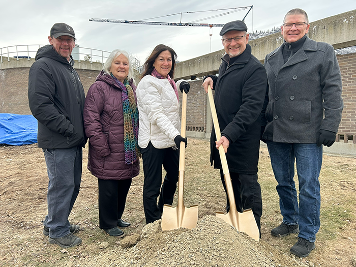 The official groundbreaking ceremony at the Columbia Pollution Control Centre in Trail. Picture shows (LtoR): Councillor Craig Humpherys - City of Rossland, RDKB Director Linda Worley - Area B/Lower Columbia-Old Glory, Colleen Jones - Mayor of Trail, Steve Morissette - MLA for Kootenay-Monashee, and Terry Martin - Vice Chair of the RDKB Board.